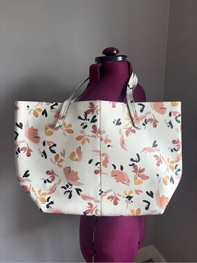 Indigo Floral Print White Tote Bag with Pink and Peach Accents